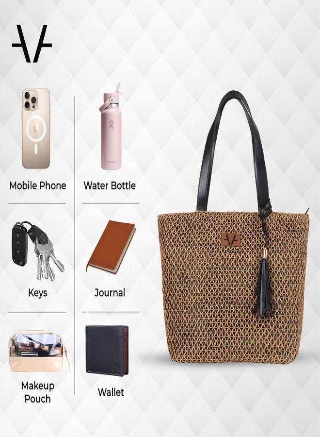 Avake Cocoa Cross Tote Bag with Raffia and Vegan Leather Accents | Fits 14-Inch Laptop | Stylish & Durable | Lightweight Shoulder Bag for Work, Travel & Daily Use | Made in India - Image 5